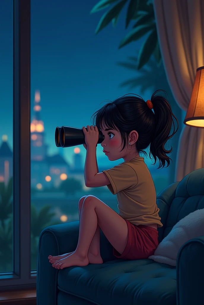 (by nekotoufu:0.5), at night, indoors,
1 girl, solo , twin tails, no shoes, upper body, smug, blurred background, thick lines, holding binoculars, binoculars, spy