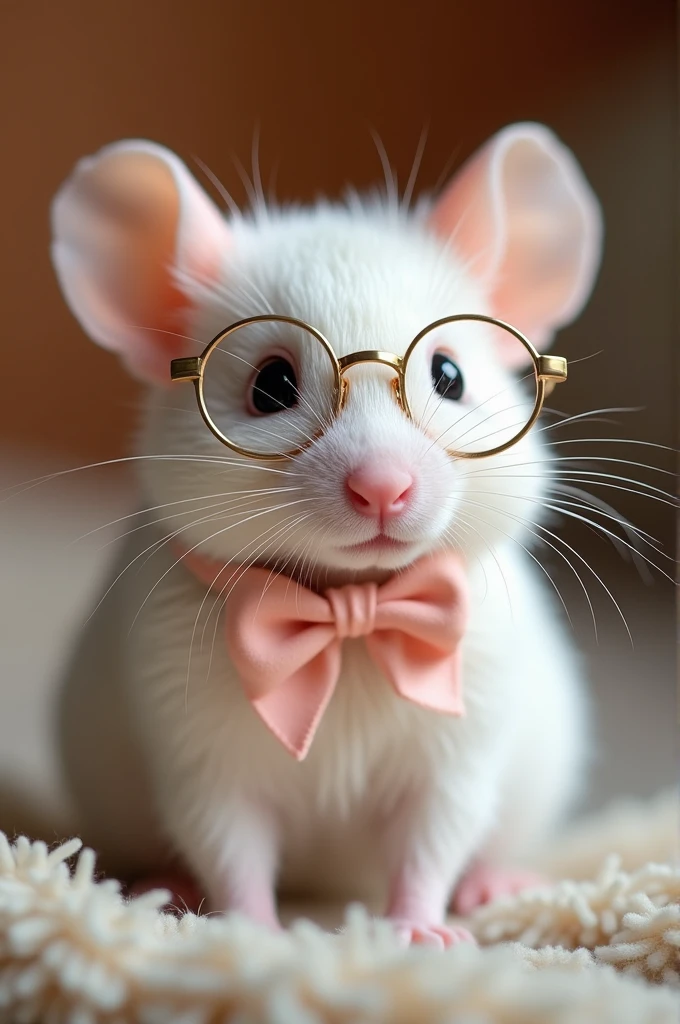 A white mouse with a bow and glasses looking at the camera with realistic texture