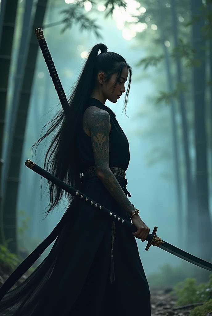 A young samurai ninja woman with dark long hair and two katana swords