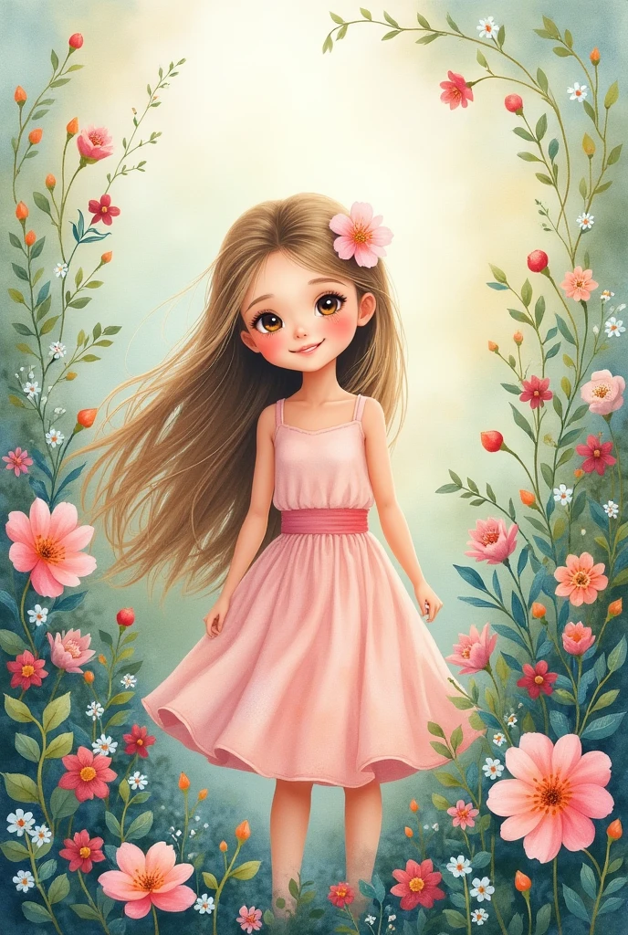 ((super detailed), #3b4195 background, beautiful flowers, berries, ferns, leaves, watercolor pattern of calming colors), (watercolor texture), ((1 girl), long light hair, cute,
