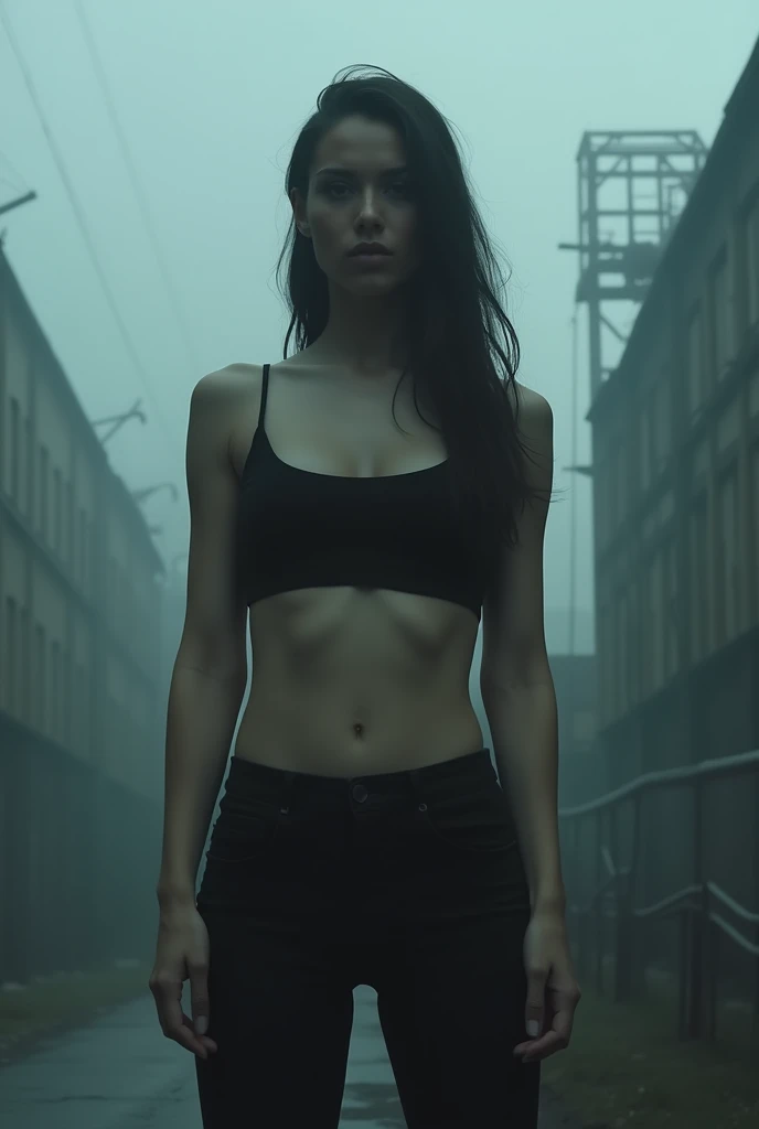 Dystopian style, outside, foggy, dystopia, industrial, (8k, RAW photo, best quality, masterpiece:1.2), (realistic, photo-realistic:1.37), best quality, ultra high res, (natural skin texture, hyperrealism, soft light, sharp:1.2), (focus face:1.2), (high contrast:1.1), (intense:1.1), (detailed:1.1), (highest quality, (analog:1.2), (high sharpness), real shadow, photographed by Canon EOS R6, 135mm, 1/1250s, f/2.8, ISO 400, somber, dramatic, highly detailed, we see her full body, erect nipples, muscular arms, dynamic pose, muscular thighs, fit and athletic physique, flat chest exposed