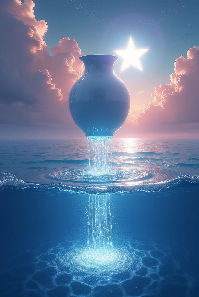 In the sky a vase of water pours over the vast sea, with a big star in the background that lights up everything 