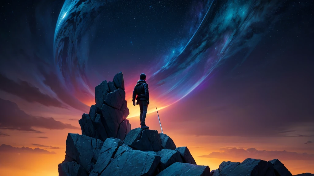 Generate an eye-catching thumbnail that showcases a person standing on the edge of a dark abyss, symbolizing the internal battle and struggle with self-doubt, fear, and procrastination. The background should be a gradient of dark and bright colors, with the abyss being dark and the sky above glowing with vibrant colors like deep red, electric blue, and bright yellow. The person should be highlighted, standing in a powerful stance, facing the abyss with determination, and glowing faintly to symbolize inner strength. Use professional techniques with sharp contrasts, bold lines, and a mix of warm and cool tones to create a sense of urgency and intrigue. The thumbnail should evoke curiosity and a strong desire to click.