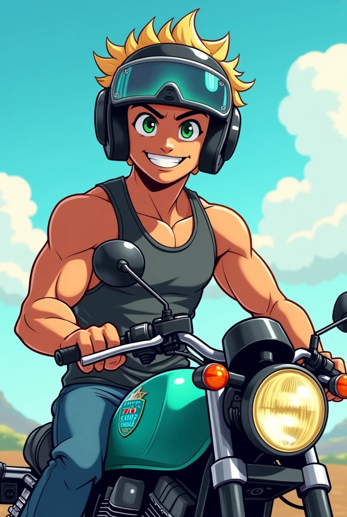 Create a muscular cute blond guy with green eyes smilling with helmet on top of a motorcycle with turquoise blue details in cartoon grafic