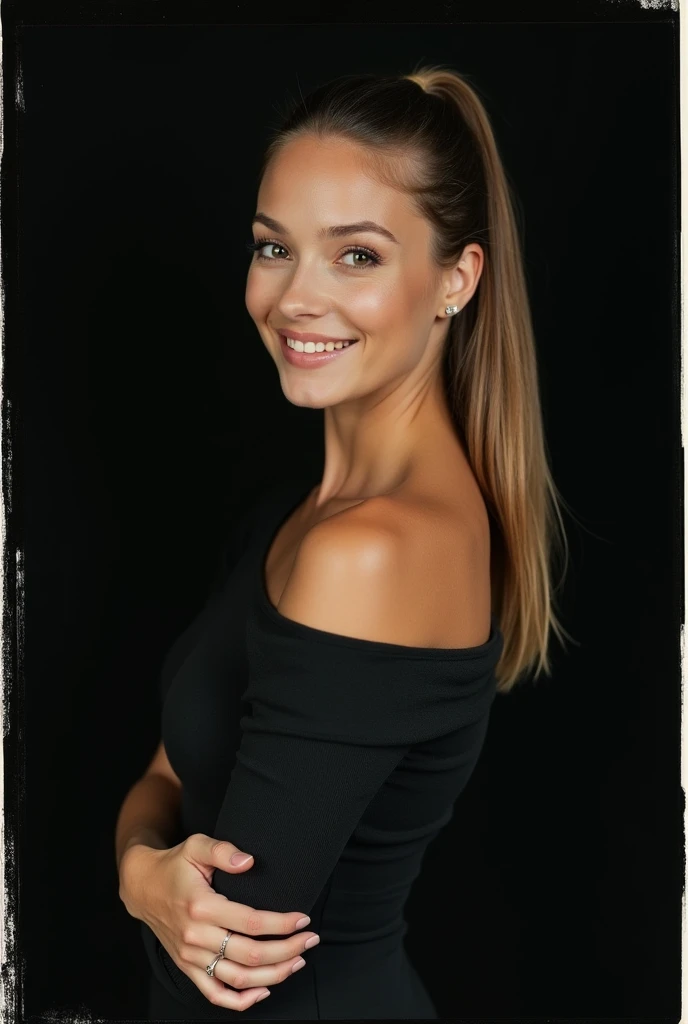 A photograph of an portrait of a young American woman with light skin, straight, light brown hair tied back, and soft facial features woman in her 30s, dressed stylish, standing black the background, looking towards the camera, polaroid film