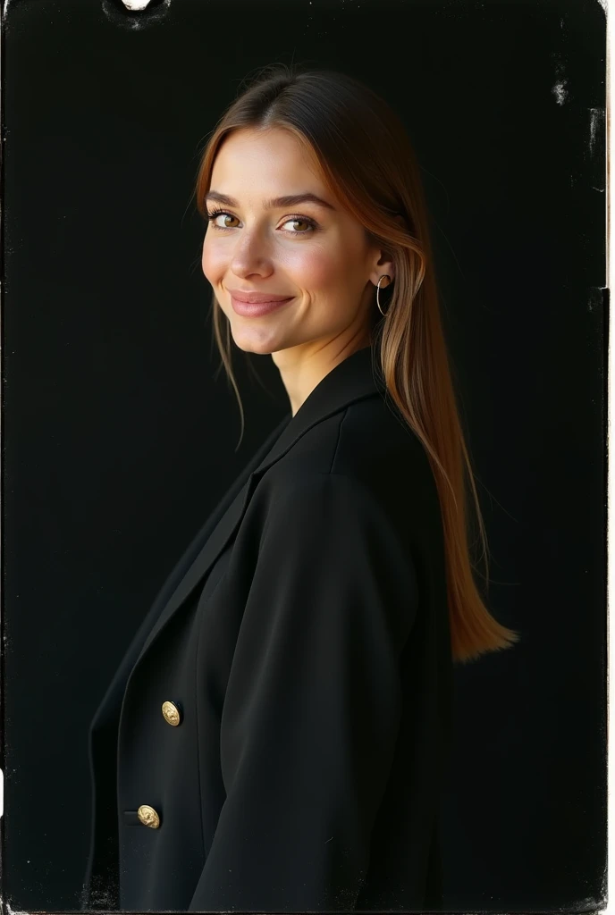 A photograph of an portrait of a young American woman with light skin, straight, light brown hair tied back, and soft facial features woman in her 30s, dressed stylish, standing black the background, looking towards the camera, polaroid film