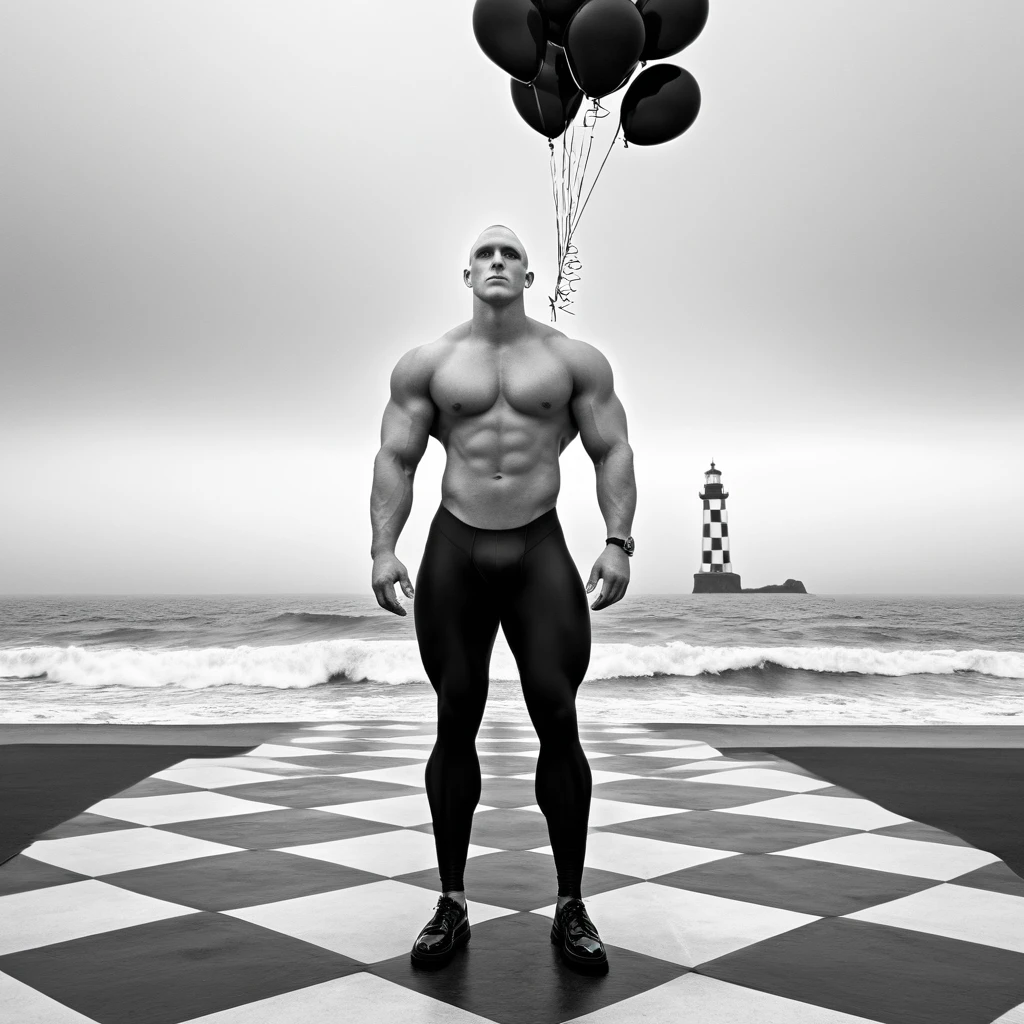 High Detail RAW Color Photo Professional Photo - In a surreal coastal landscape, a very tall, very muscular man with a pale complexion and a shaved head stands on a checkered black and white floor that seamlessly blends with the surrounding beach. He is dressed in a form-fitting, black and white checkered bodysuit that highlights his sculpted physique. Above him, dozens of black balloons float eerily in the overcast sky, creating a dreamlike atmosphere. His expression is calm, yet intense, as he gazes out towards the horizon, where a distant lighthouse stands stark against the backdrop of the tumultuous sea. The waves crash gently against the shore, and a light mist lingers in the air, adding to the otherworldly feel of the scene. The overall ambiance is one of quiet mystery, as the elements of the scene blend to create a striking visual contrast, with the character at the center embodying strength and poise amidst the surreal surroundings.