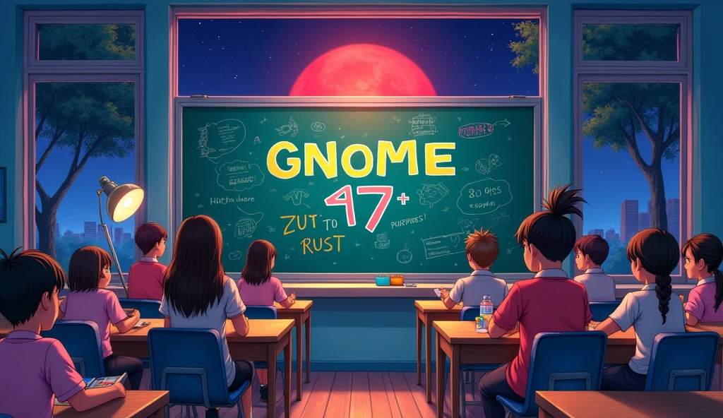 a school class with bright colors. outside is night and from the window you can see a red moon; on a green board writes "GNOME 47 + RUST,  anime style