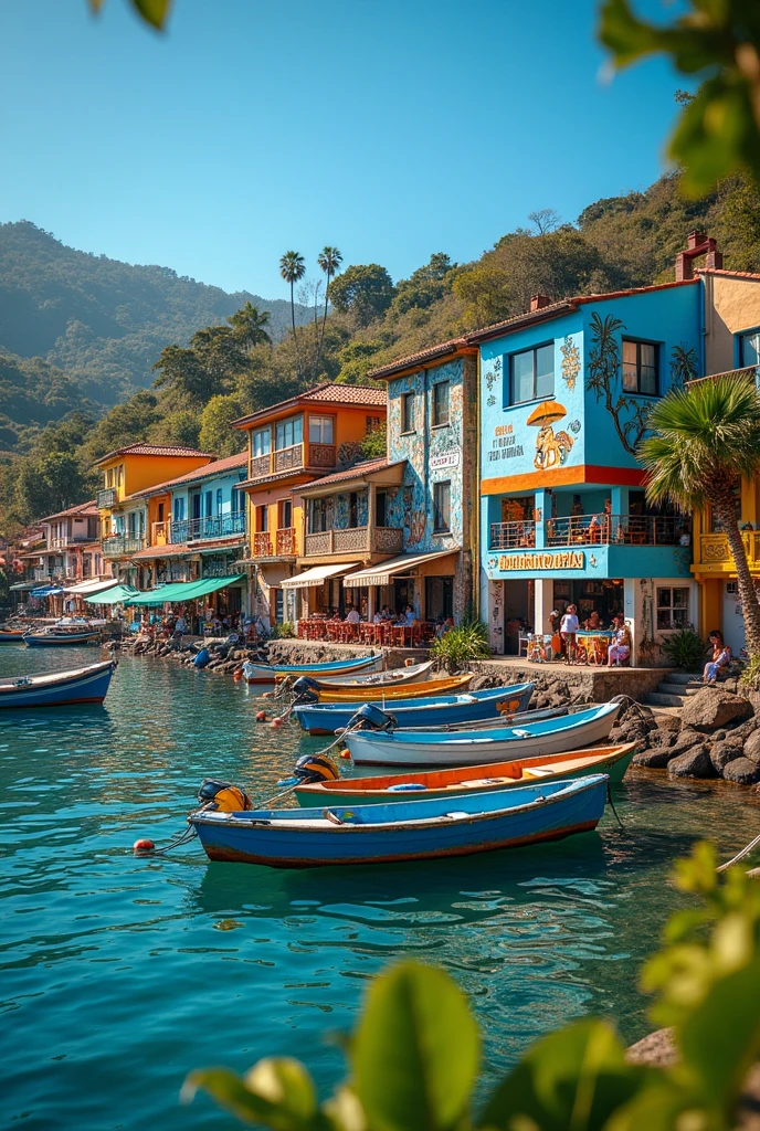 I need an image in the bay of Puerto Lopez where you can see the facade of the nearby establishments, that is, houses, restaurants, among others, that have the most important aspects of Manteña culture painted on their facades