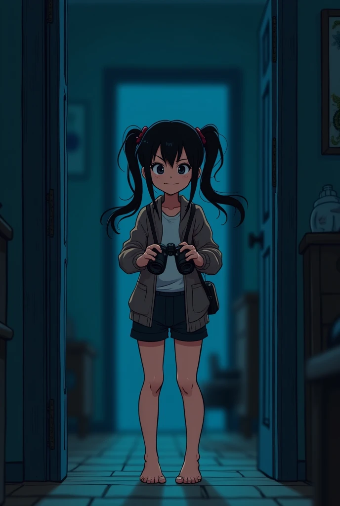 1 girl, solo, twin tails, no shoes, smug, blurred background, thick lines, holding binoculars, binoculars, spy, at night, indoors,