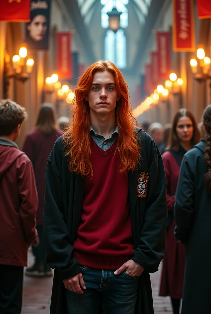 male, teenager, tall, handsome, long red mullet, bluish gray eyes, cool, leader, popular, gryffindor 