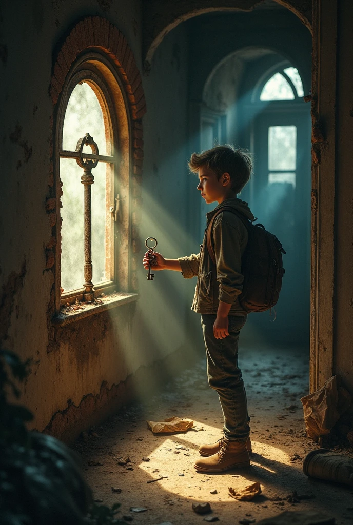 A young adult finds a dusty key in a poorly laid brick of an old house