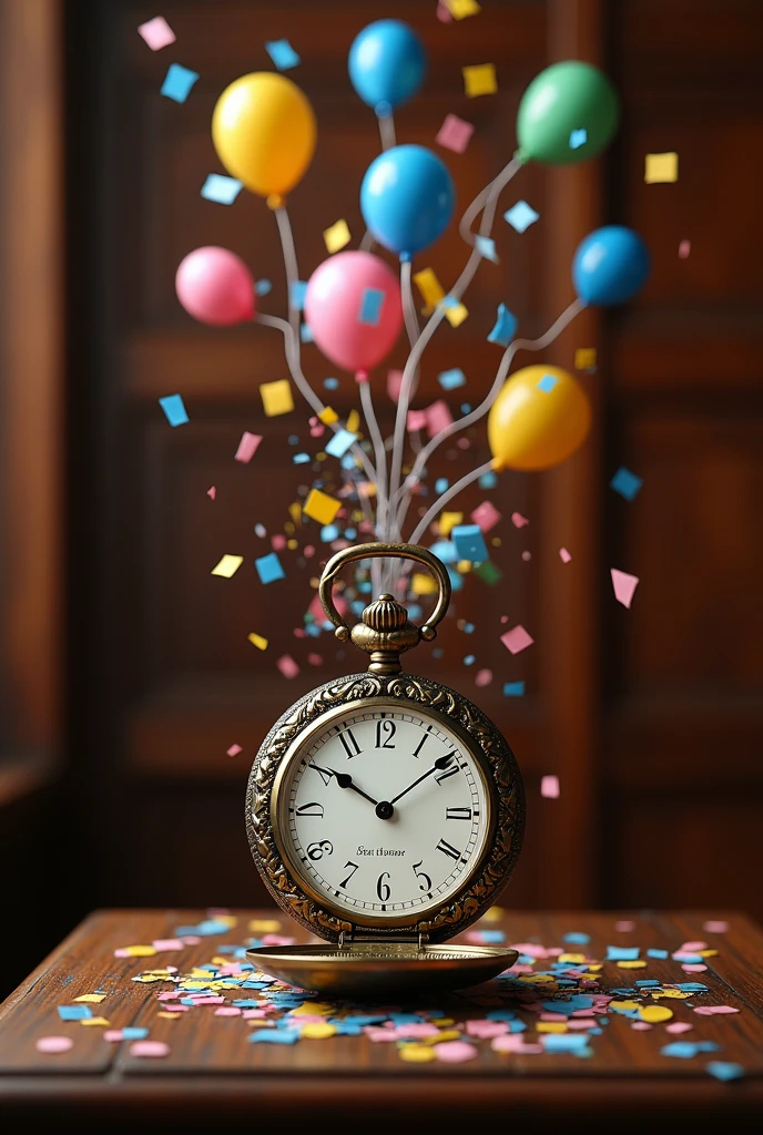 "Create an image of an antique pocket watch, with a classic design and sober, dark wood details. The background should be a wooden wall, maintaining a serious and elegant atmosphere. From the hands of the clock, musical notes should start coming out, which little by little become elements of fun and celebration, like confetti and balloons of different colors. Lots of balloons and fun. The image should convey the idea that when the clock strikes the hour, the joy begins, creating a contrast between the seriousness of the surroundings and the burst of celebration that emerges from the clock."