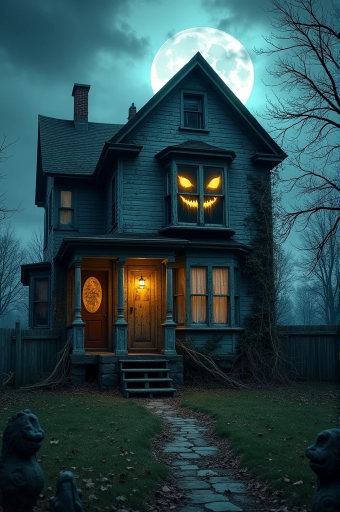 A haunted two-story house with a scary face in the top floor window