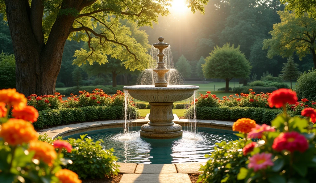 create the realistic HRD image, UHD 8k of a garden with flowers, a Greek style marble fountain in the center, leafy trees, golden lighting, calm atmosphere reflecting calm