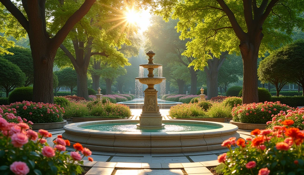 create the realistic HRD image, UHD 8k of a garden with flowers, a Greek style marble fountain in the center, leafy trees, golden lighting, calm atmosphere reflecting calm