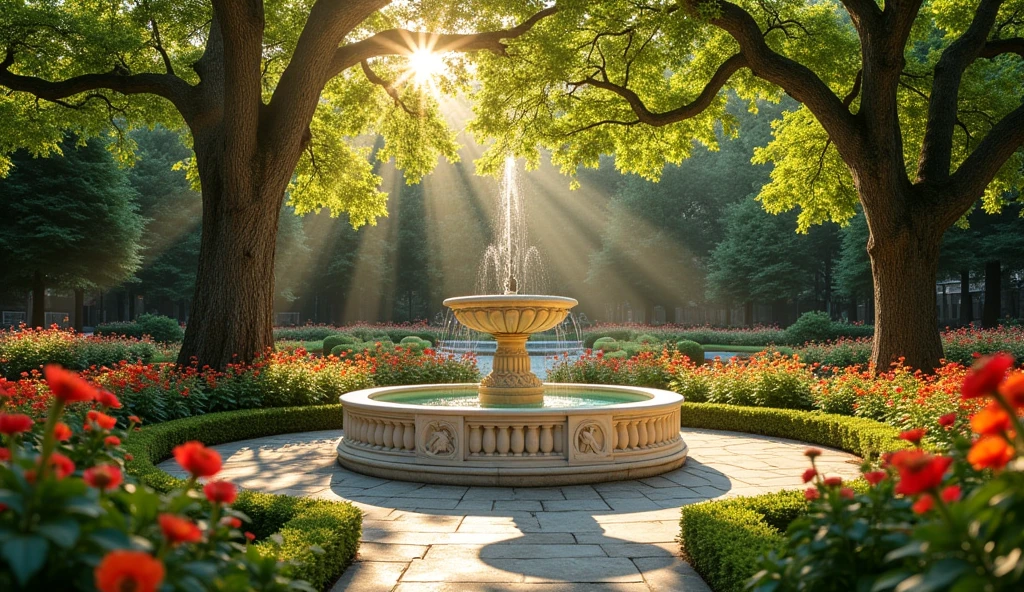 create the realistic HRD image, UHD 8k of a garden with flowers, a Greek style marble fountain in the center, leafy trees, golden lighting, calm atmosphere reflecting calm
