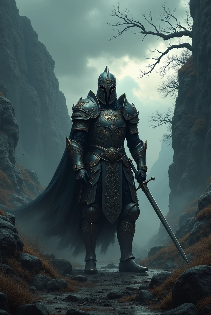 Warrior in helmet and armor in the dark valley At war 
