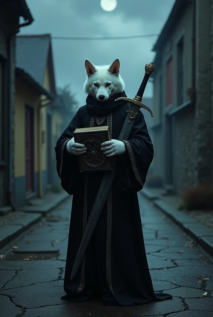 Small 45 year old man with white fur in a black robe with a grimoire in his hand on a desolate street with a sword on his back