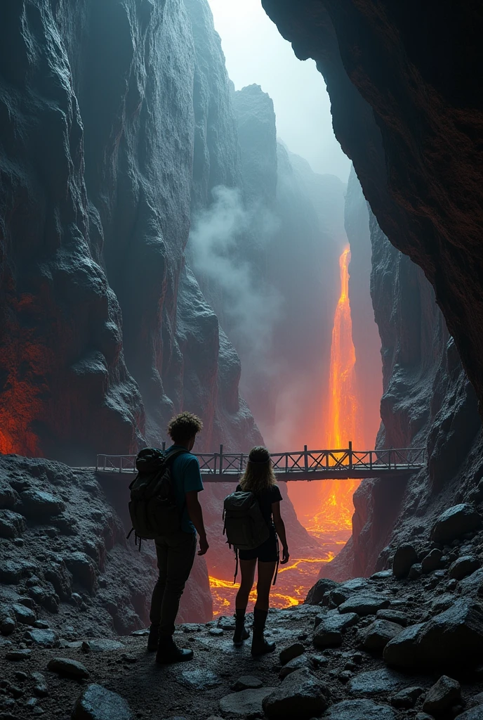 A dark cave with a huge cliff with sharp stones and lava and a wooden bridge connecting the cave exit and the other part of the cave. And there are also two scientists, a young man and a woman with loose hair, about to cross the bridge.. And everyone has special clothing for dangerous expeditions
