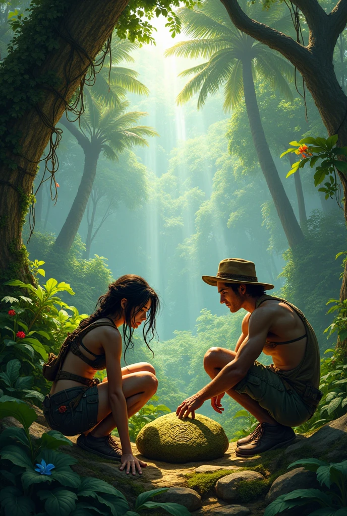 Lara and Max find the small ancient stone in the jungle