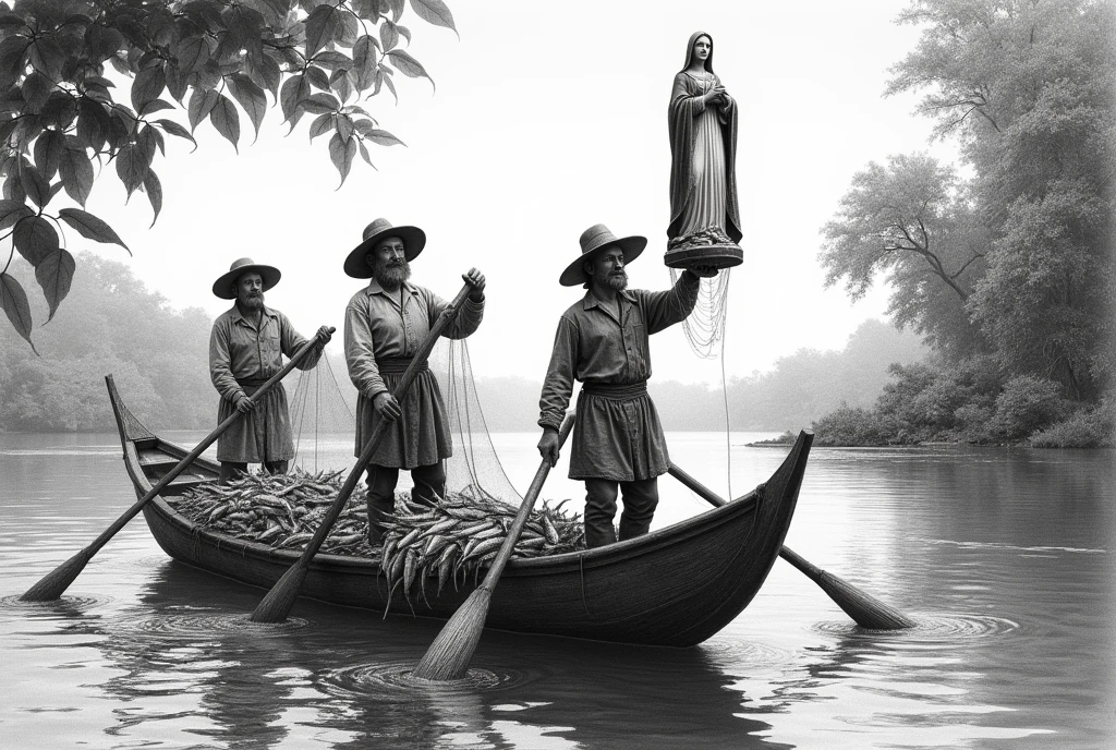 Engraving drawing of 3 men dressed in hats and simple fisherman&#39;s clothing from the 17th century, in 2 rowing boats, with fishing nets and full of fish, in a river, one of them holds in his hands the 36cm statue of Our Lady of Aparecida, found in the river.