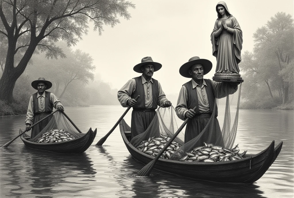 Engraving drawing of 3 men dressed in hats and simple fisherman's clothing from the 17th century, in 2 rowing boats, with fishing nets and full of fish, in a river, one of them holds in his hands the 36cm statue of Our Lady of Aparecida, found in the river.
