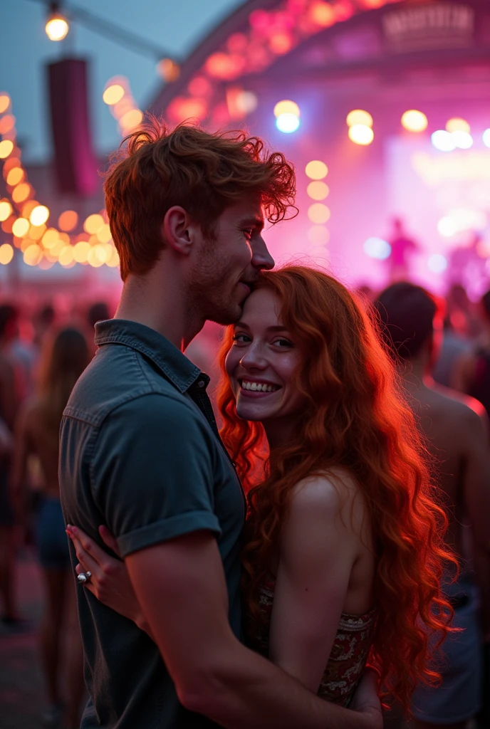 Redheaded man hugging a redhead and in the background a show is happening