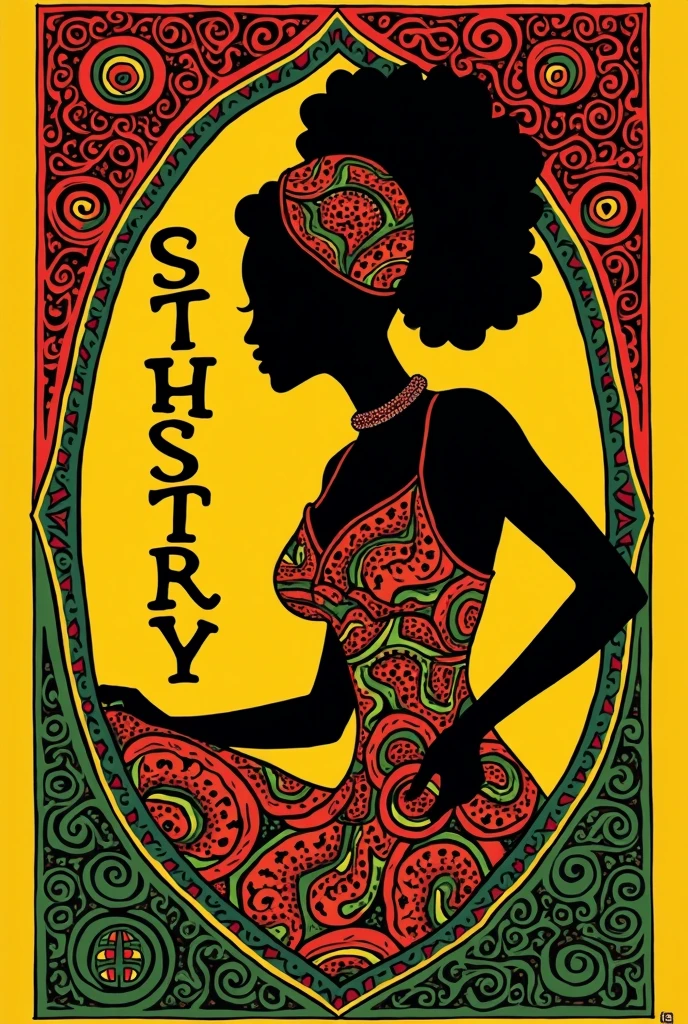 Liquor label, African colours, with space for letters, without silhouette of woman&#39;s face in an Afro-Bolivian dress 
