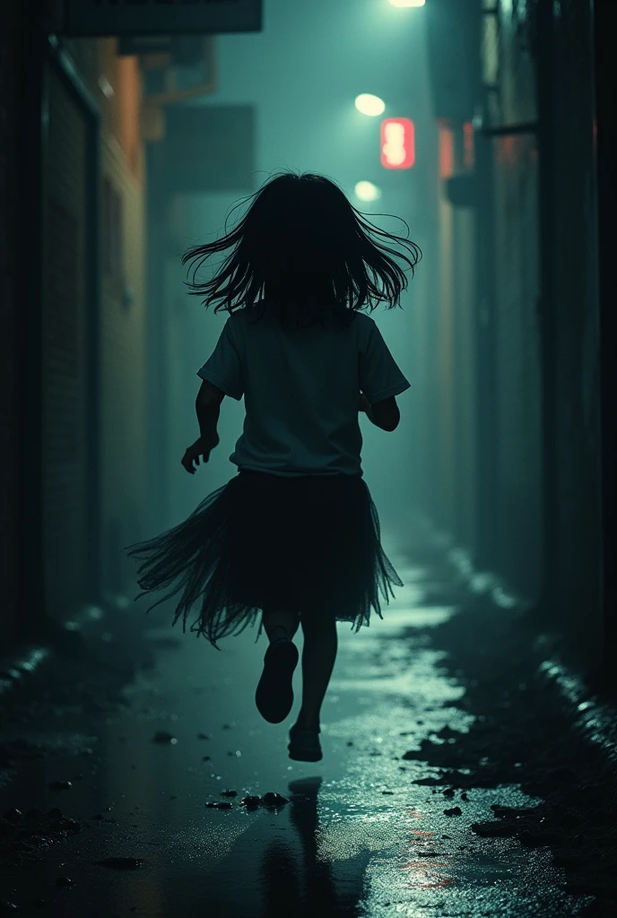 a black-haired girl with shoulder-length hair, fleeing from reality. (Heart Broken.)