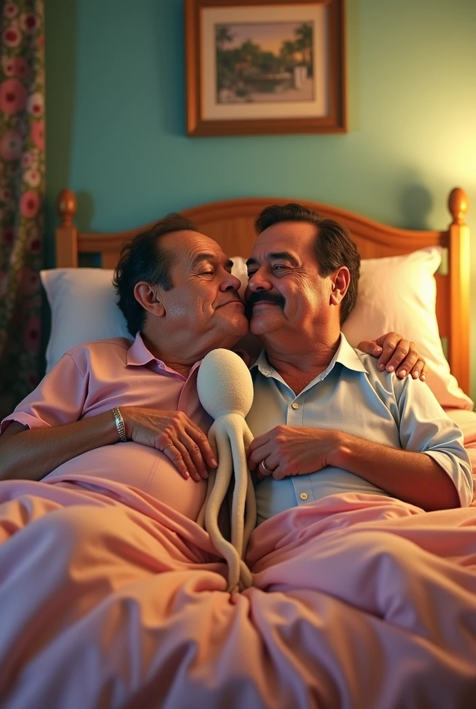 President Lula and former President Bolsonaro are dating, with Lula blushing naked in a bed with Bolsonaro also naked, with the head in the squid pelvis