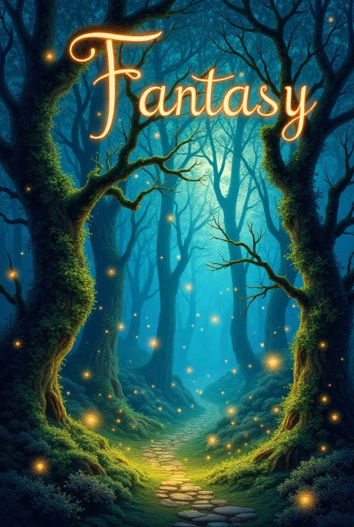 A dark encahted forest Book cover with fireflies (no characters on it) the title of thr book is "Fantasy" make it look like it's painted, make the colours bright-ish and fun