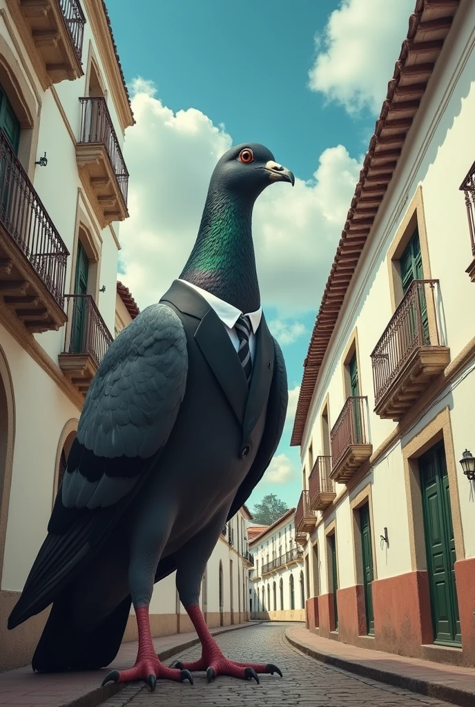 Fictional movie poster of a pigeon in a suit a giant-sized pigeon invading the colonial town of Popayán city with white colonial buildings. The pigeon must be lying next to the buildings and the pigeon must be larger than the buildings. 