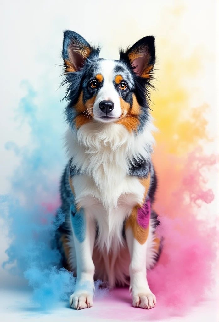 border collie arlequin, watercolor, colorfull, smoke, high definition,