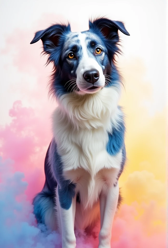 border collie arlequin, watercolor, colorfull, smoke, high definition,