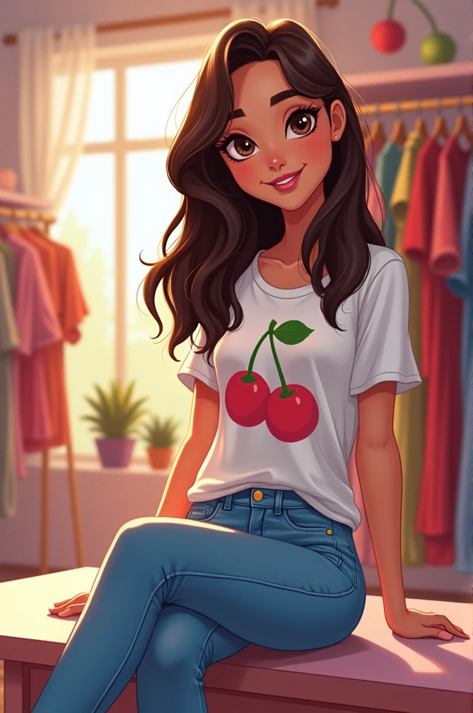 Disney-style drawing of a thin brunette with medium-long wavy hair, Brown eyes, right nose piercing, dressed in jeans and a t-shirt with a cherry print, sitting in her clothing store