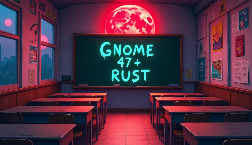a school class with bright colors. the class is empty without any student. outside is night and from the window you can see a red moon; on a green board writes "GNOME 47 + RUST, anime style
