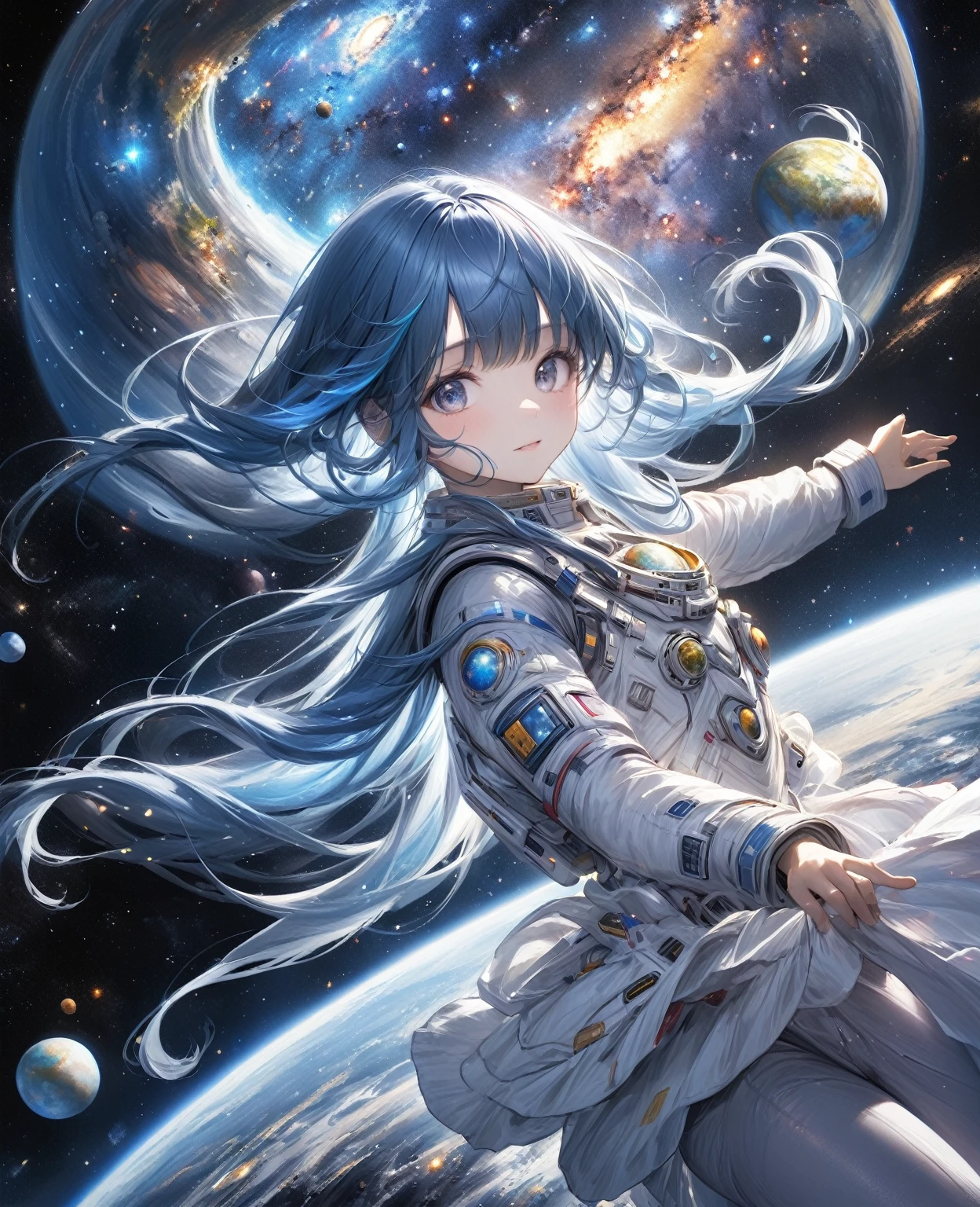 Highest quality, detailed, 4K, RAW Photos, masterpiece, detailed face,, performer, planet, Milky Way, space,, a photo of アニセマー flying in space, Blue Hair, bangs, Long Hair, View your viewers,