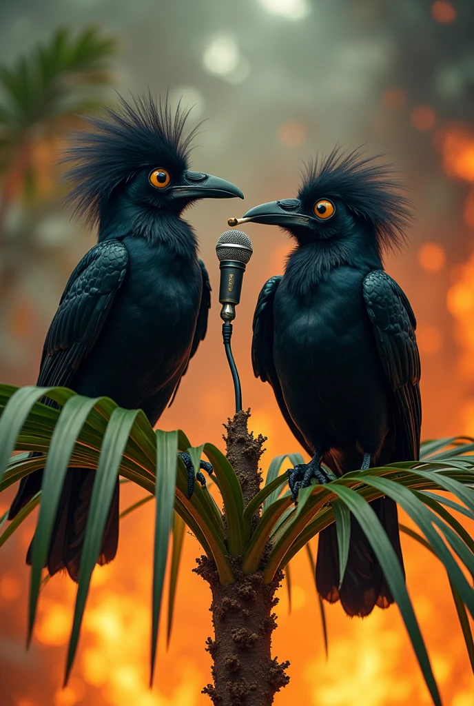 Two funny raven with yellow eye. One with 
afro the other one  is smokign. haging up in a palm talking with podcast microphone. The palm is sent on fire 
