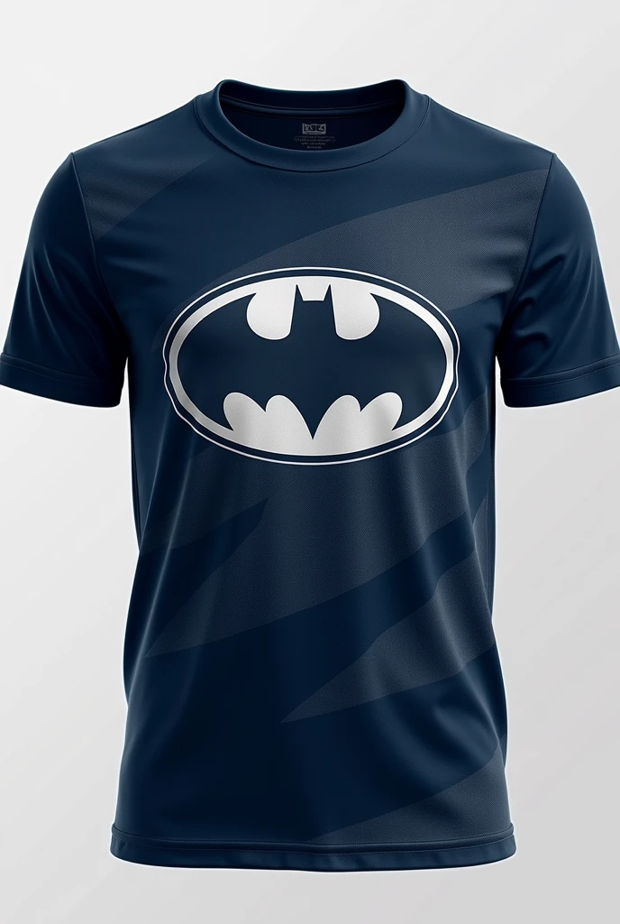 make this batman bat smaller and place it on the right side of the chest. And please add a transparent batman design on the bottom area of the shirt.. Leave a sporty essence for school games. Show the complete shirt please.
