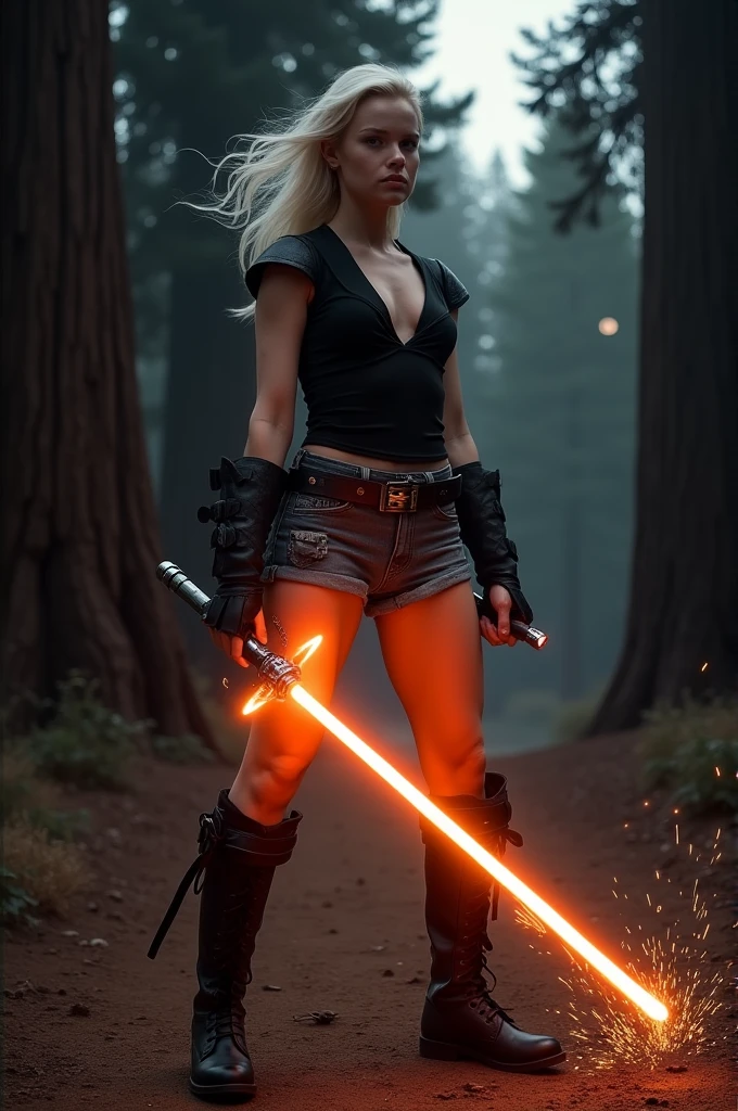 Créé moi une image avec le personnage de Rose Mclver habillé en tenu de sith noir et gris, elle porte un short tres court usé, des bottes noir montant a la motier des mollets, avec un haut décolleté en v
faisant appqaraitre une grosse poitrine dénudée, elle a les cheveux blanc flotant dans le vent, elle tiens un sabre laser de couleur orange dans la main droite celui-ci fait des etincelle sur le sol et elle tiens sabre laser a lame courte dans la main gauche, elle se tiens de trois quart de profile, elle se trouve dans un decor de foret de séquoias sombre avec la lueur d’une demi lune.