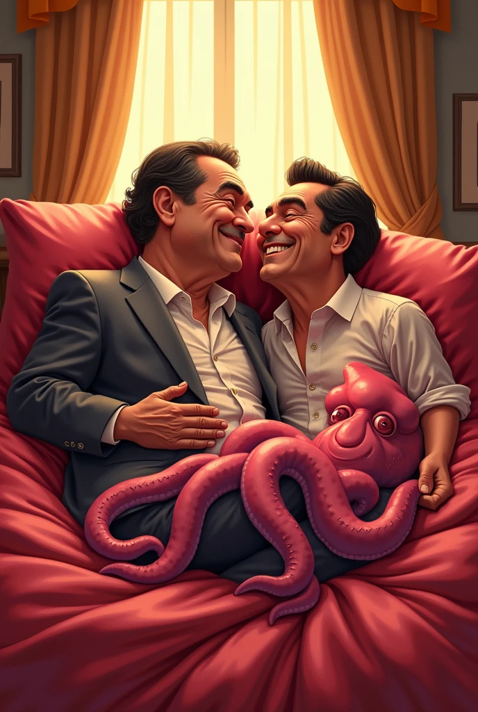 President Lula and former President Bolsonaro are dating, with Lula blushing naked in a bed with Bolsonaro also naked, with the head in the squid pelvis