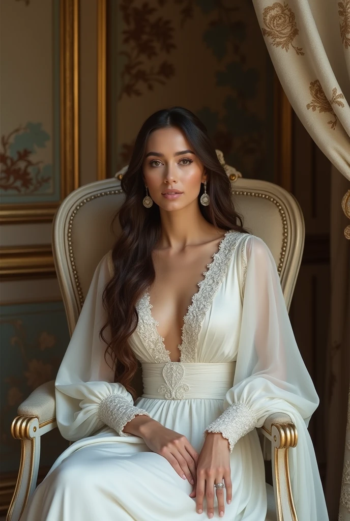 arafed woman in a white dress sitting on a chair, elegant lady with alabaster skin, realistic renaissance portrait, porcelain pale skin, pale porcelain white skin, in high renaissance style, portrait of princess, renaissance digital painting, inspired by Francesco Hayez, renaissance portrait, rococo queen, baroque digital painting, inspired by Franz Xaver Winterhalter, 
([long hair hair]:1.8), (full body:1.8), (upper body up:0.3), (hyper realistic:1.4), (realistic:1.3), (best quality real texture skin),
Detailed eyes, detailed face, PERSEPHONE, perfect legs, perfect legs, pernas added, pernas added e perfeitas, turned legs, shapely thighs, pernas added, Smooth Thighs.