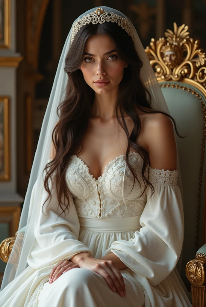 arafed woman in a white dress sitting on a chair, elegant lady with alabaster skin, realistic renaissance portrait, porcelain pale skin, pale porcelain white skin, in high renaissance style, portrait of princess, renaissance digital painting, inspired by Francesco Hayez, renaissance portrait, rococo queen, baroque digital painting, inspired by Franz Xaver Winterhalter, 
([long hair hair]:1.8), (full body:1.8), (upper body up:0.3), (hyper realistic:1.4), (realistic:1.3), (best quality real texture skin),
Detailed eyes, detailed face, PERSEPHONE, perfect legs, perfect legs, pernas added, pernas added e perfeitas, turned legs, shapely thighs, pernas added, Smooth Thighs.