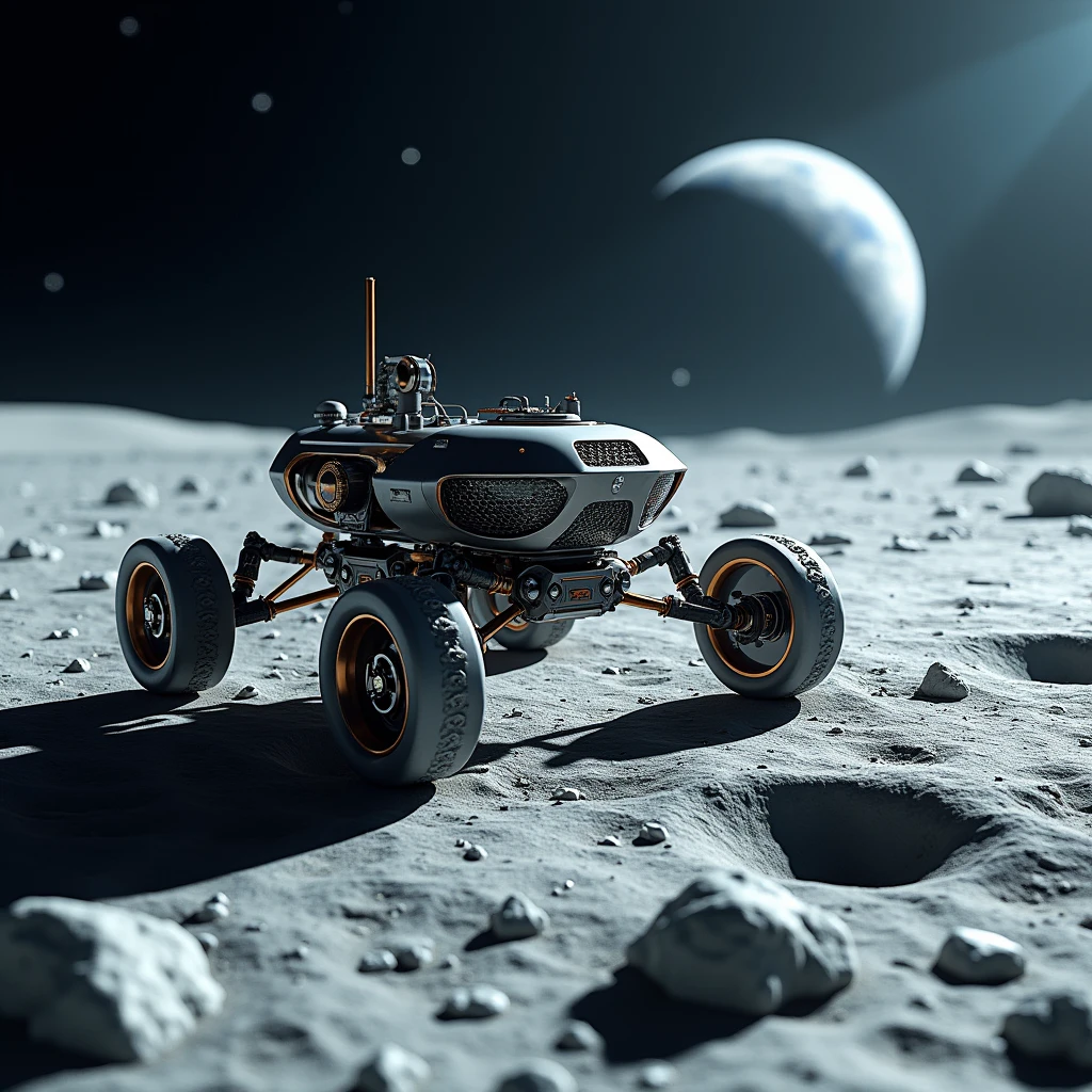 moon rover mines ore on the moon, realistic, nasa