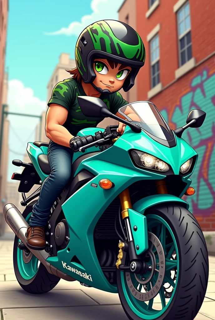 Create a muscular cute guy with green eyes with a black and green helmet on top of a motorcycle kawasaki m3 with turquoise blue details in cartoon grafic
