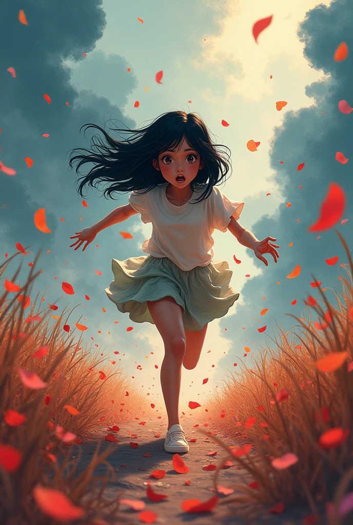 a black-haired girl with shoulder-length hair, fleeing from reality.