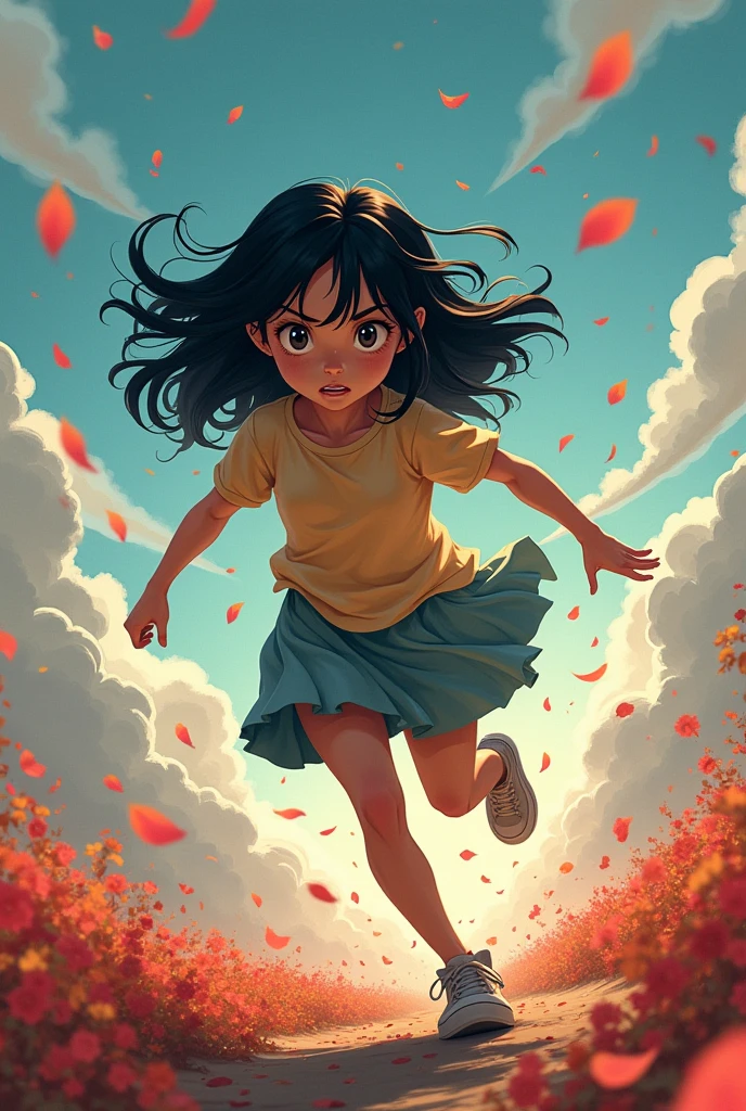 a black-haired girl with shoulder-length hair, fleeing from reality.