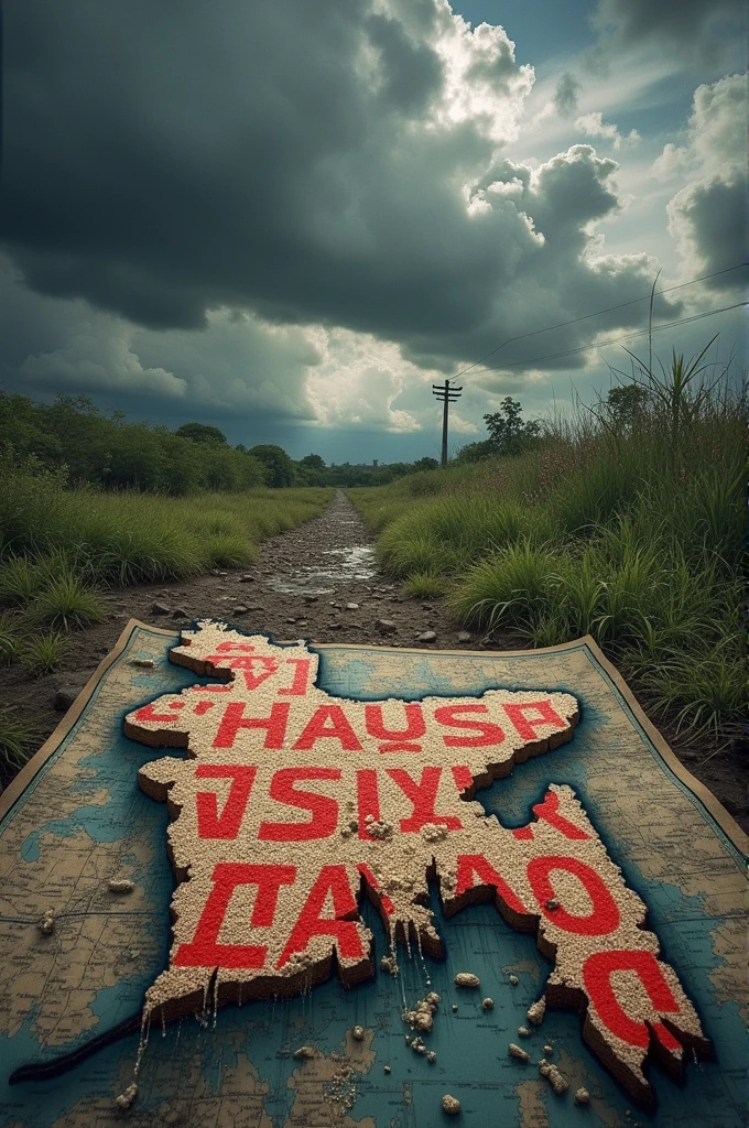 Describe your scene in detail (e.g., "A distressed map of Bangladesh with rice grains spilling over, dark clouds, and the line 'ভাত দে হারামজাদা নাহলে মানচিত্র খাবো' in bold, rebellious graffiti font") and use an AI image generator like DALL-E to create the base image.