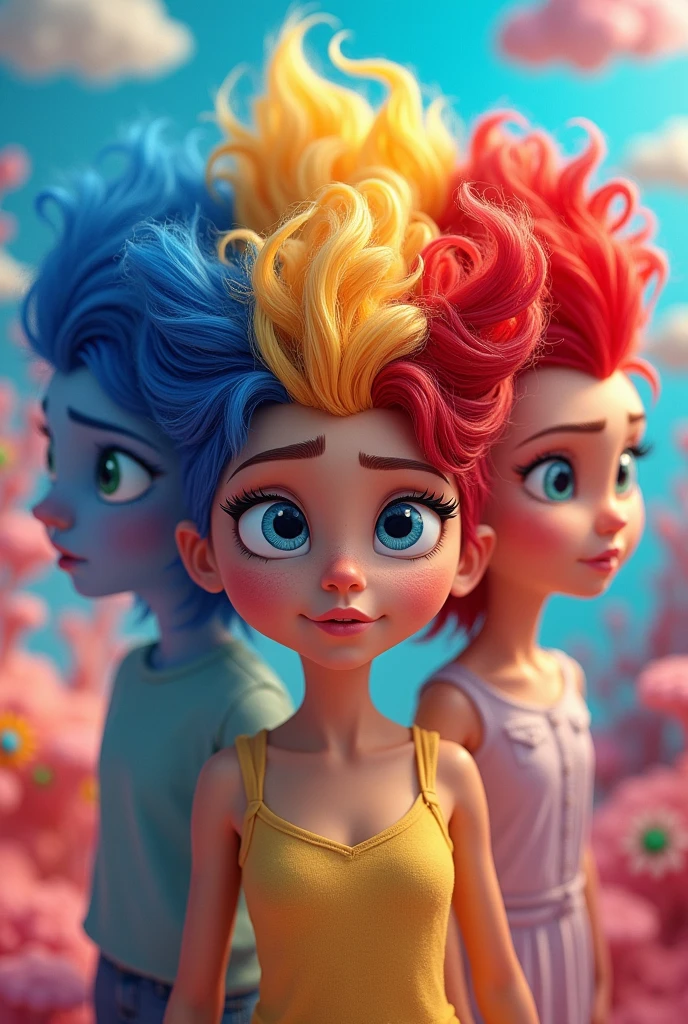 Inside out but sadness, anxiety, happiness, anger, ennui, fear, envy and shyness all the emotions with mop hair and an adult woman's face